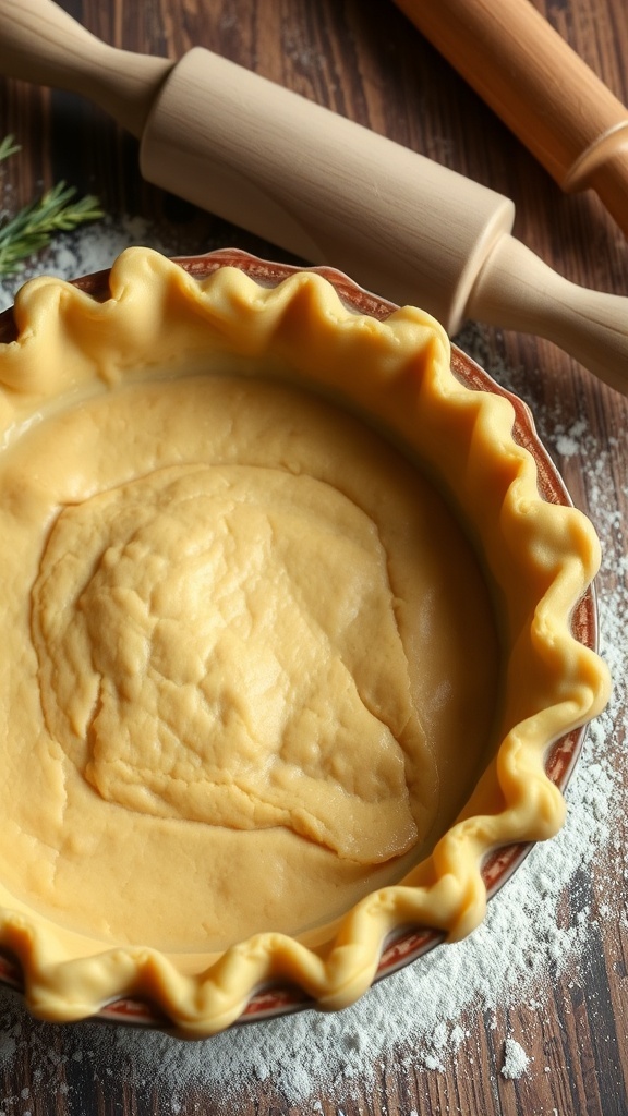 Golden brown pie crust in a rustic dish, with a rolling pin and flour in the background.